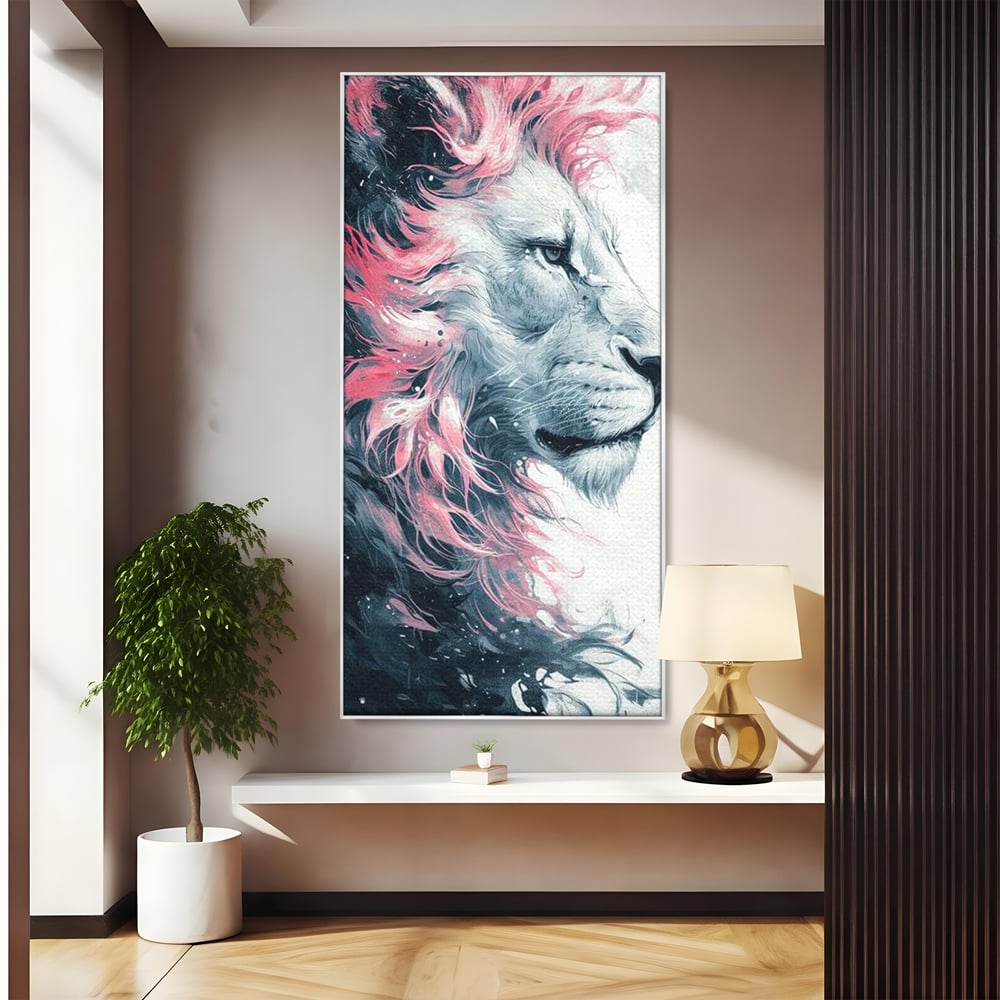 Tablou canvas cu tablou canvas cu leu in profil, in rama de aluminiu argintiu